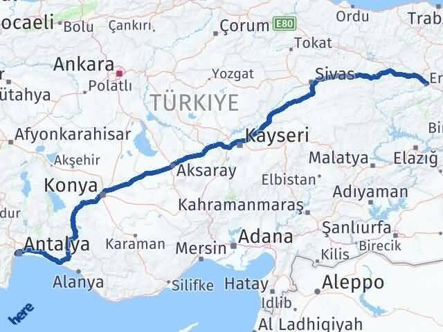 Erzincan Konyaaltı Antalya Arası Kaç Km - Yol Haritası