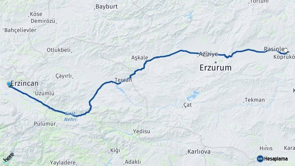 Erzincan Köprüköy Erzurum Arası Kaç Km - Yol Haritası