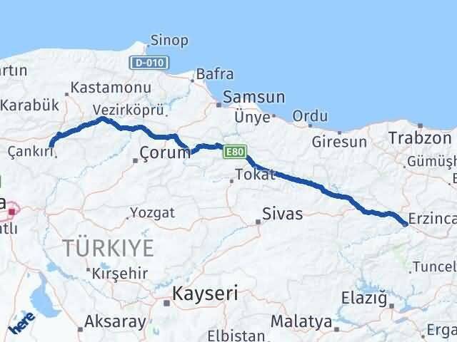 Erzincan Korgun Çankırı Arası Kaç Km - Yol Haritası