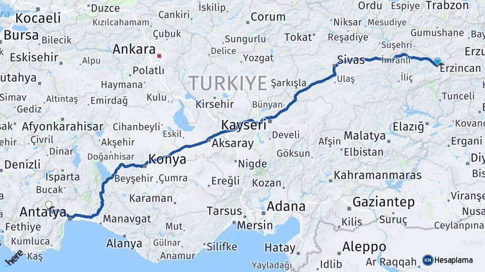 Erzincan Korkuteli Antalya Arası Kaç Km - Yol Haritası