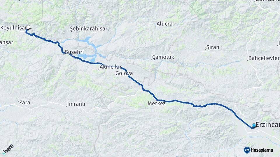 Erzincan Koyulhisar Sivas Arası Kaç Km - Yol Haritası
