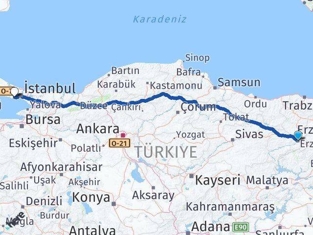Erzincan Küçükçekmece İstanbul Arası Kaç Km - Yol Haritası
