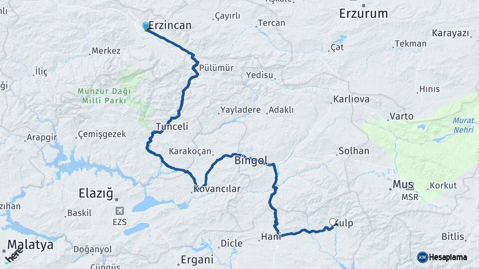 Erzincan Kulp Diyarbakır Arası Kaç Km - Yol Haritası