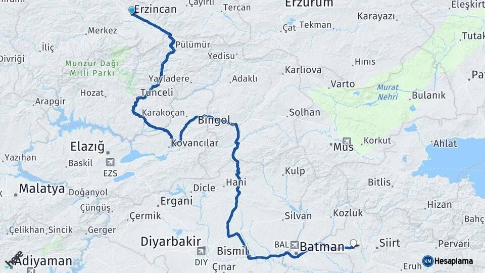 Erzincan Kurtalan Siirt Arası Kaç Km - Yol Haritası