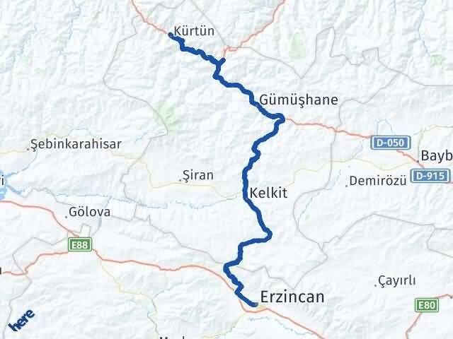 Erzincan Kürtün Gümüşhane Arası Kaç Km - Yol Haritası