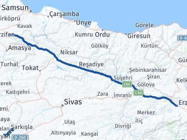 Erzincan Ladik Samsun Arası Kaç Km - Yol Haritası