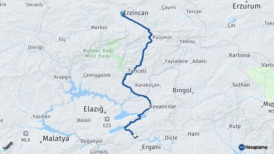 Erzincan Maden Elazığ Arası Kaç Km - Yol Haritası
