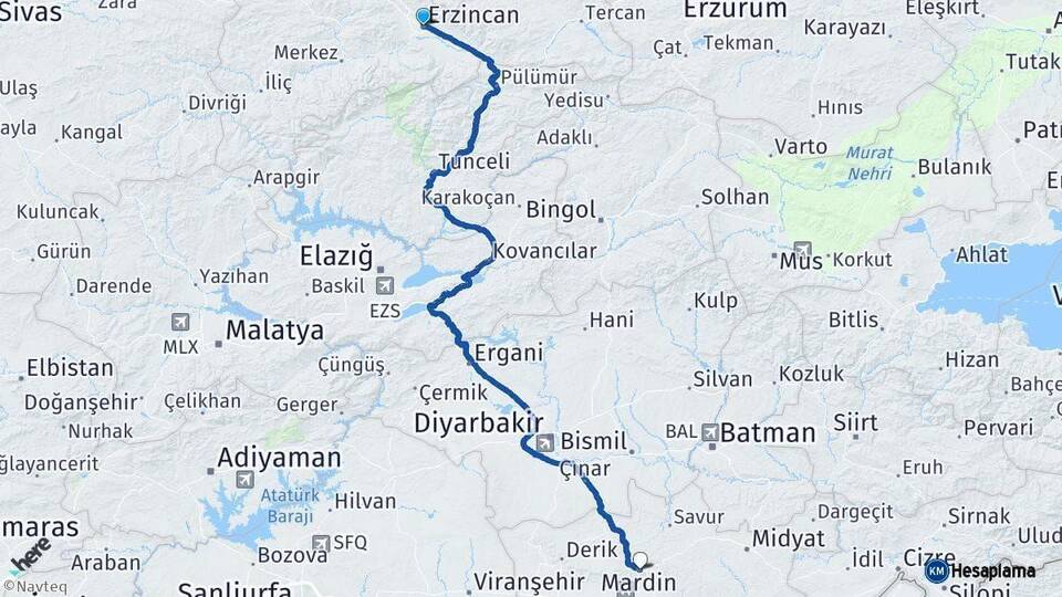 Erzincan Mardin Arası Kaç Km - Yol Haritası