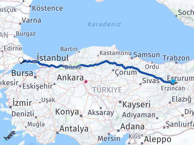 Erzincan Marmaraereğlisi Tekirdağ Arası Kaç Km - Yol Haritası