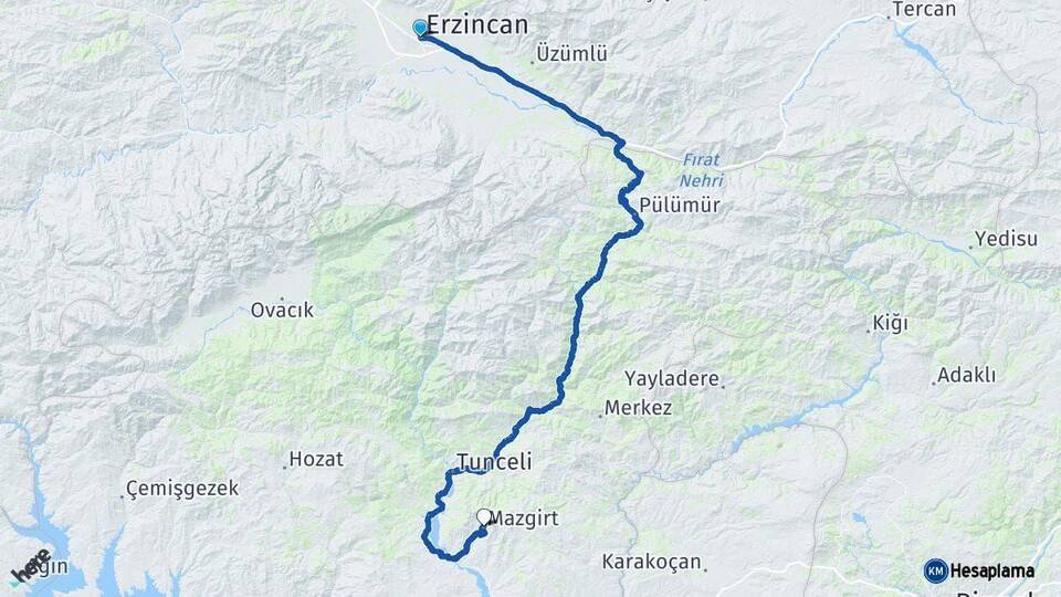 Erzincan Mazgirt Tunceli Arası Kaç Km - Yol Haritası