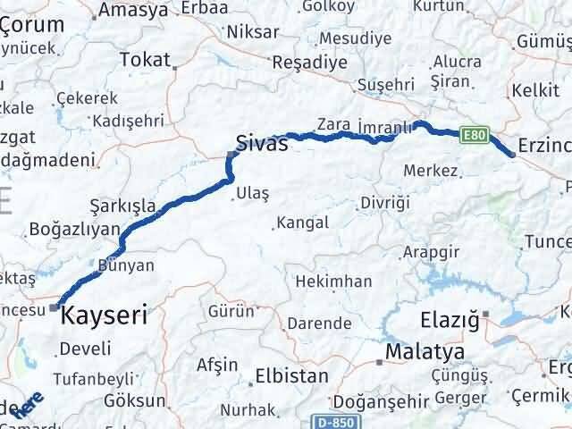 Erzincan Melikgazi Kayseri Arası Kaç Km - Yol Haritası
