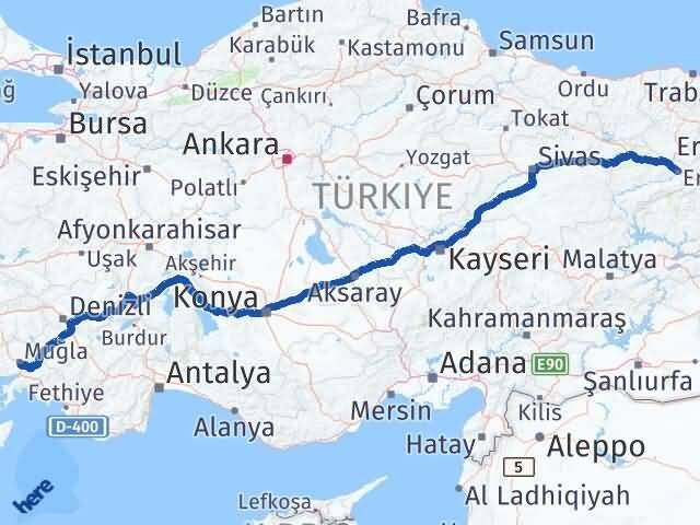 Erzincan Menteşe Muğla Arası Kaç Km - Yol Haritası