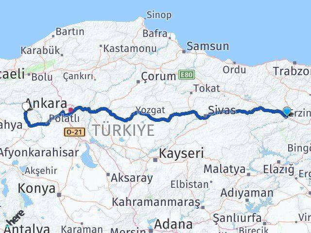 Erzincan Mihalıççık Eskişehir Arası Kaç Km - Yol Haritası