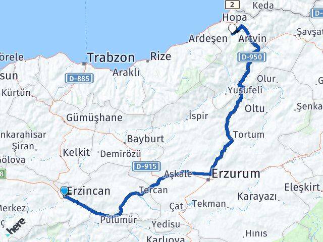 Erzincan Murgul Artvin Arası Kaç Km - Yol Haritası