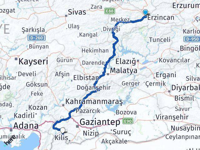 Erzincan Musabeyli Kilis Arası Kaç Km - Yol Haritası