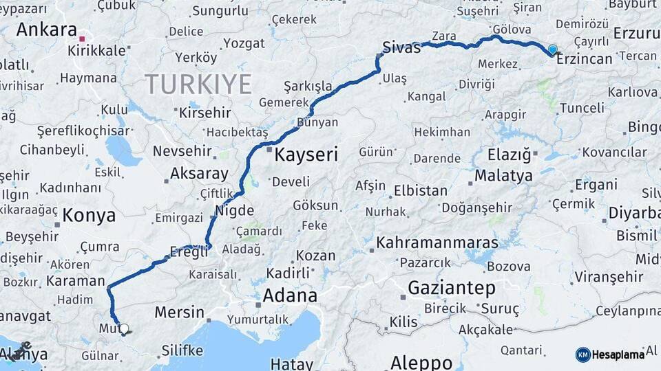 Erzincan Mut Mersin Arası Kaç Km - Yol Haritası