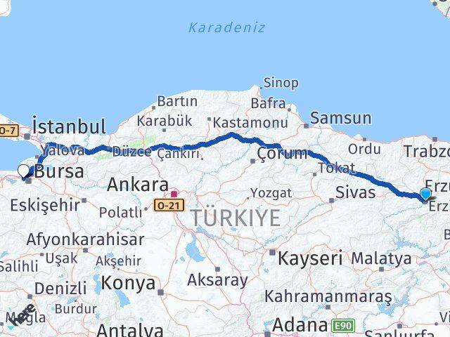 Erzincan Nilüfer Bursa Arası Kaç Km - Yol Haritası