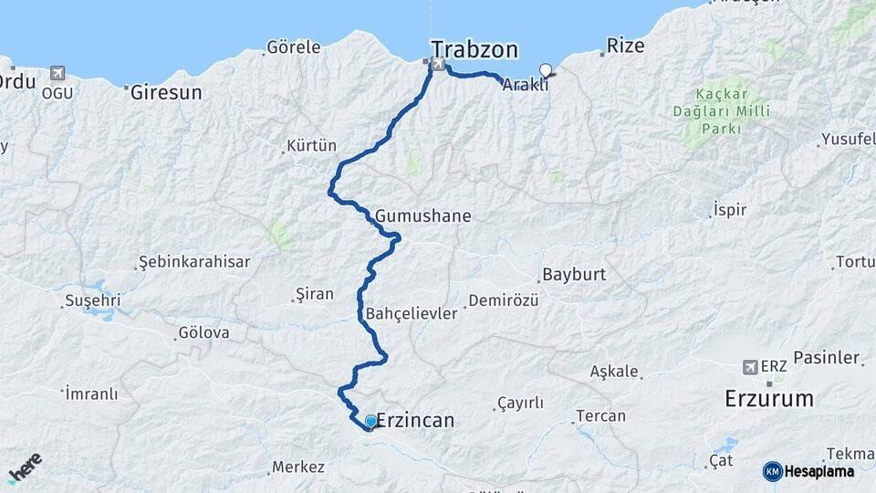 Erzincan Of Trabzon Arası Kaç Km - Yol Haritası