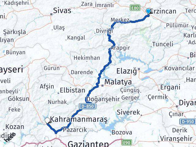 Erzincan Onikişubat Kahramanmaraş Arası Kaç Km - Yol Haritası