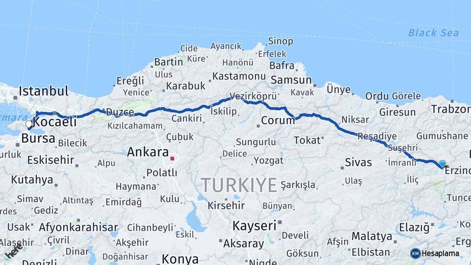 Erzincan Orhangazi Bursa Arası Kaç Km - Yol Haritası