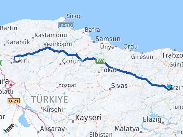 Erzincan Orta Çankırı Arası Kaç Km - Yol Haritası