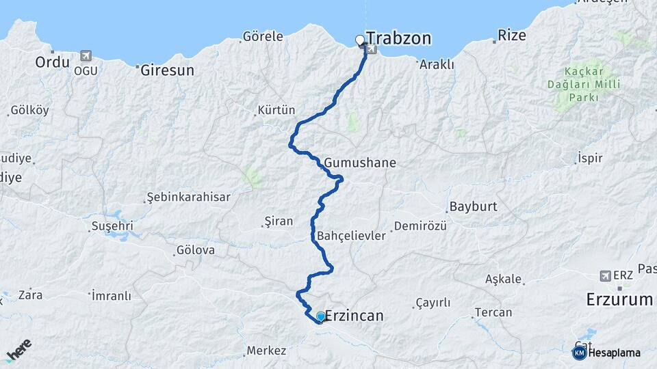 Erzincan Ortahisar Trabzon Arası Kaç Km - Yol Haritası