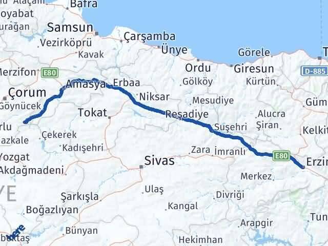 Erzincan Ortaköy Çorum Arası Kaç Km - Yol Haritası