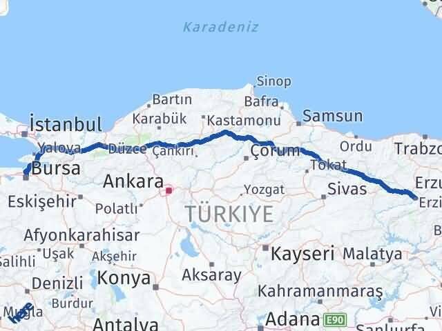 Erzincan Osmangazi Bursa Arası Kaç Km - Yol Haritası