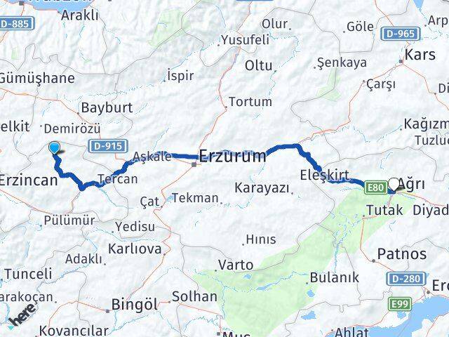 Erzincan Otlukbeli Ağrı Arası Kaç Km - Yol Haritası