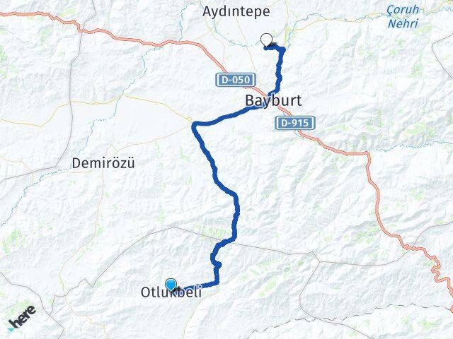 Erzincan Otlukbeli Alıçlık Bayburt Arası Kaç Km - Yol Haritası