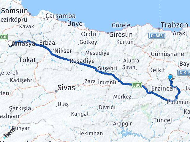 Erzincan Otlukbeli Amasya Arası Kaç Km - Yol Haritası