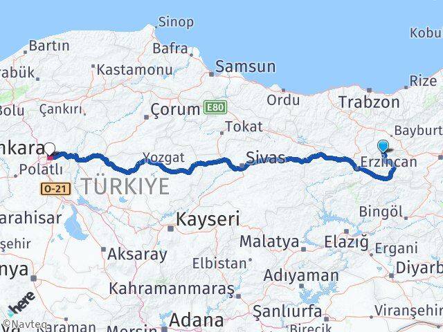 Erzincan Otlukbeli Ankara Arası Kaç Km - Yol Haritası