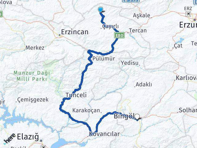 Erzincan Otlukbeli Bingöl Arası Kaç Km - Yol Haritası