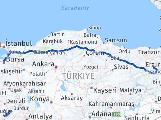 Erzincan Otlukbeli Bursa Arası Kaç Km - Yol Haritası