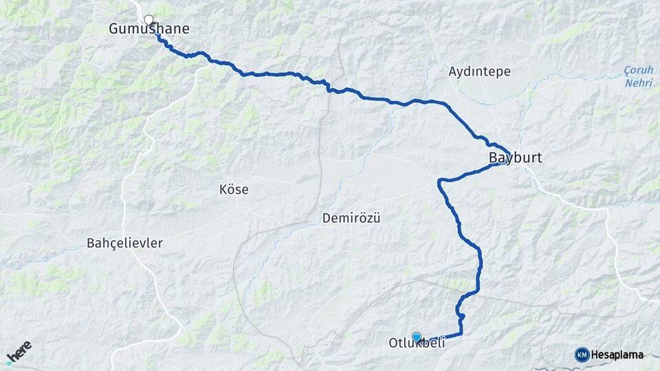 Erzincan Otlukbeli Gümüşhane Arası Kaç Km - Yol Haritası