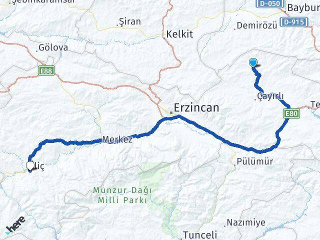 Erzincan Otlukbeli İliç Arası Kaç Km - Yol Haritası