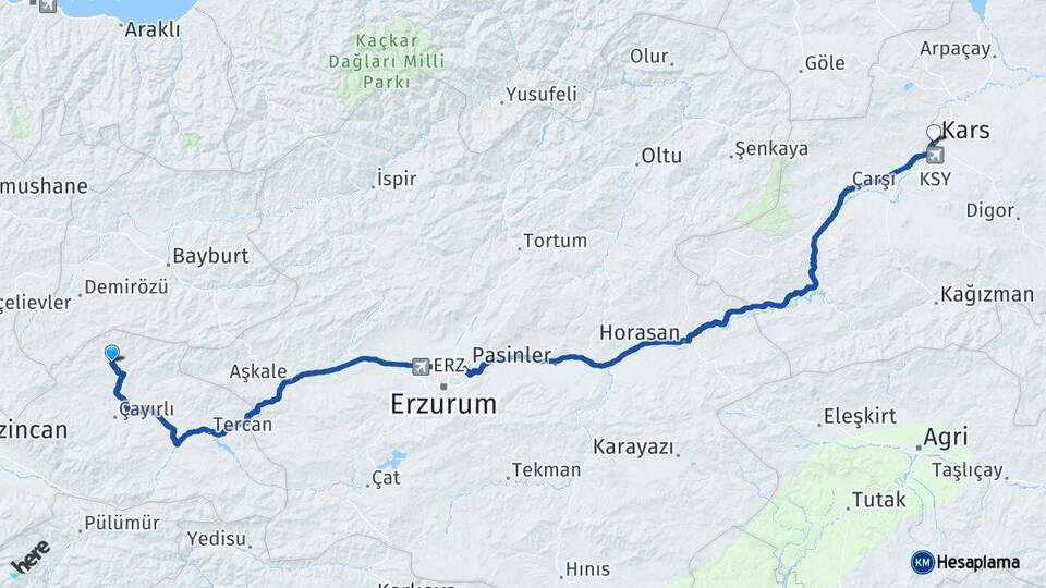Erzincan Otlukbeli Kars Arası Kaç Km - Yol Haritası