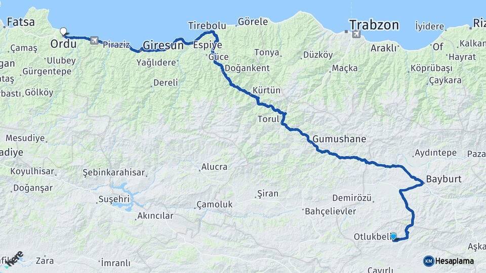 Erzincan Otlukbeli Ordu Arası Kaç Km - Yol Haritası