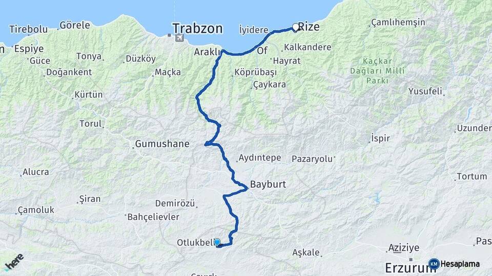 Erzincan Otlukbeli Rize Arası Kaç Km - Yol Haritası
