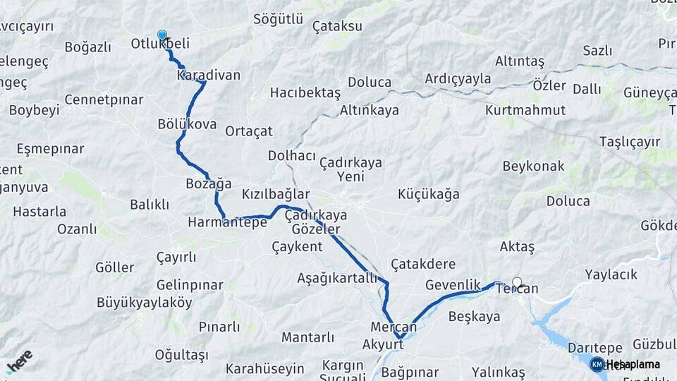 Erzincan Otlukbeli Tercan Arası Kaç Km - Yol Haritası