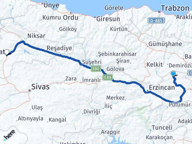 Erzincan Otlukbeli Tokat Arası Kaç Km - Yol Haritası