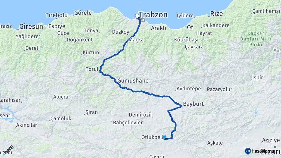 Erzincan Otlukbeli Trabzon Arası Kaç Km - Yol Haritası