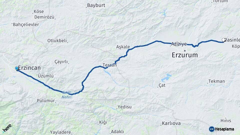 Erzincan Pasinler Erzurum Arası Kaç Km - Yol Haritası
