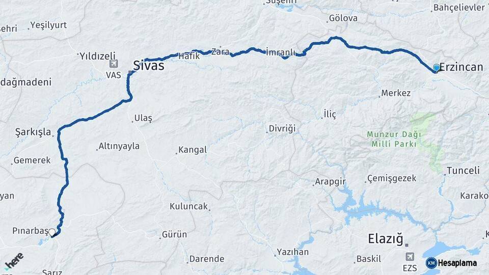 Erzincan Pınarbaşı Kayseri Arası Kaç Km - Yol Haritası