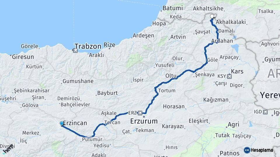 Erzincan Posof Ardahan Arası Kaç Km - Yol Haritası