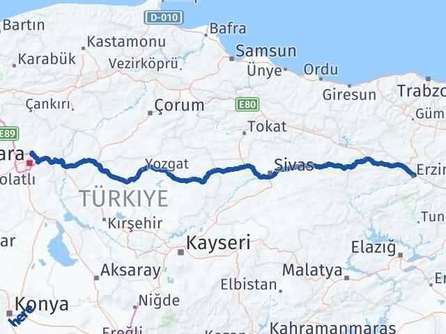 Erzincan Pursaklar Ankara Arası Kaç Km - Yol Haritası