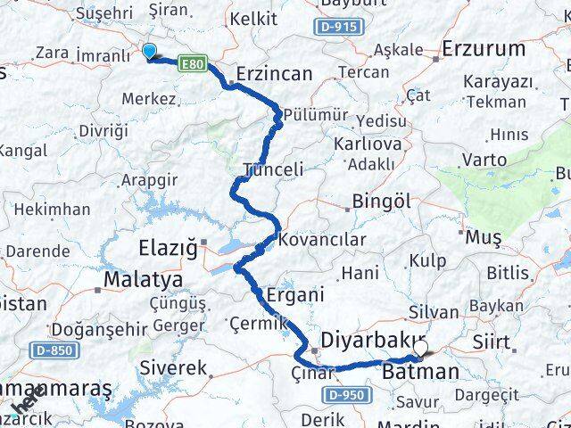 Erzincan Refahiye Batman Arası Kaç Km - Yol Haritası