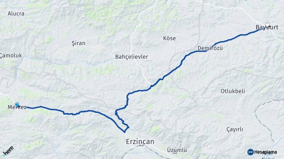 Erzincan Refahiye Bayburt Arası Kaç Km - Yol Haritası