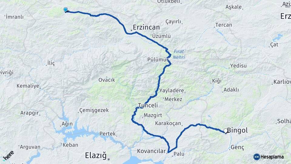 Erzincan Refahiye Bingöl Arası Kaç Km - Yol Haritası