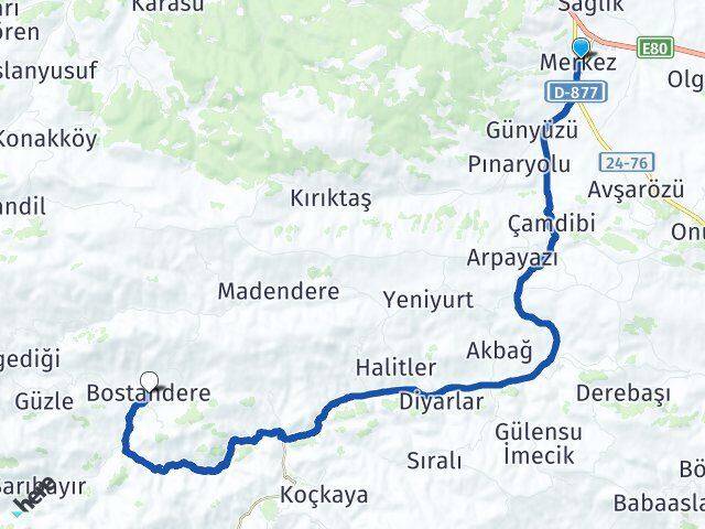 Erzincan Refahiye Bostandere Refahiye Arası Kaç Km - Yol Haritası